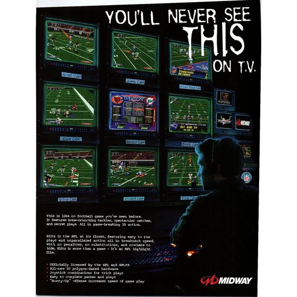 NFL Blitz 1997 Midway Arcade Game Flyer Vintage Football Ephemera - Picture 2 of 2